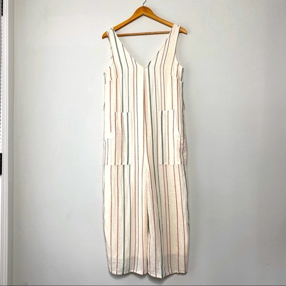 Cotton Linen Striped Sleeveless V Neck Wide Leg Jumpsuit - Picture 7 of 11